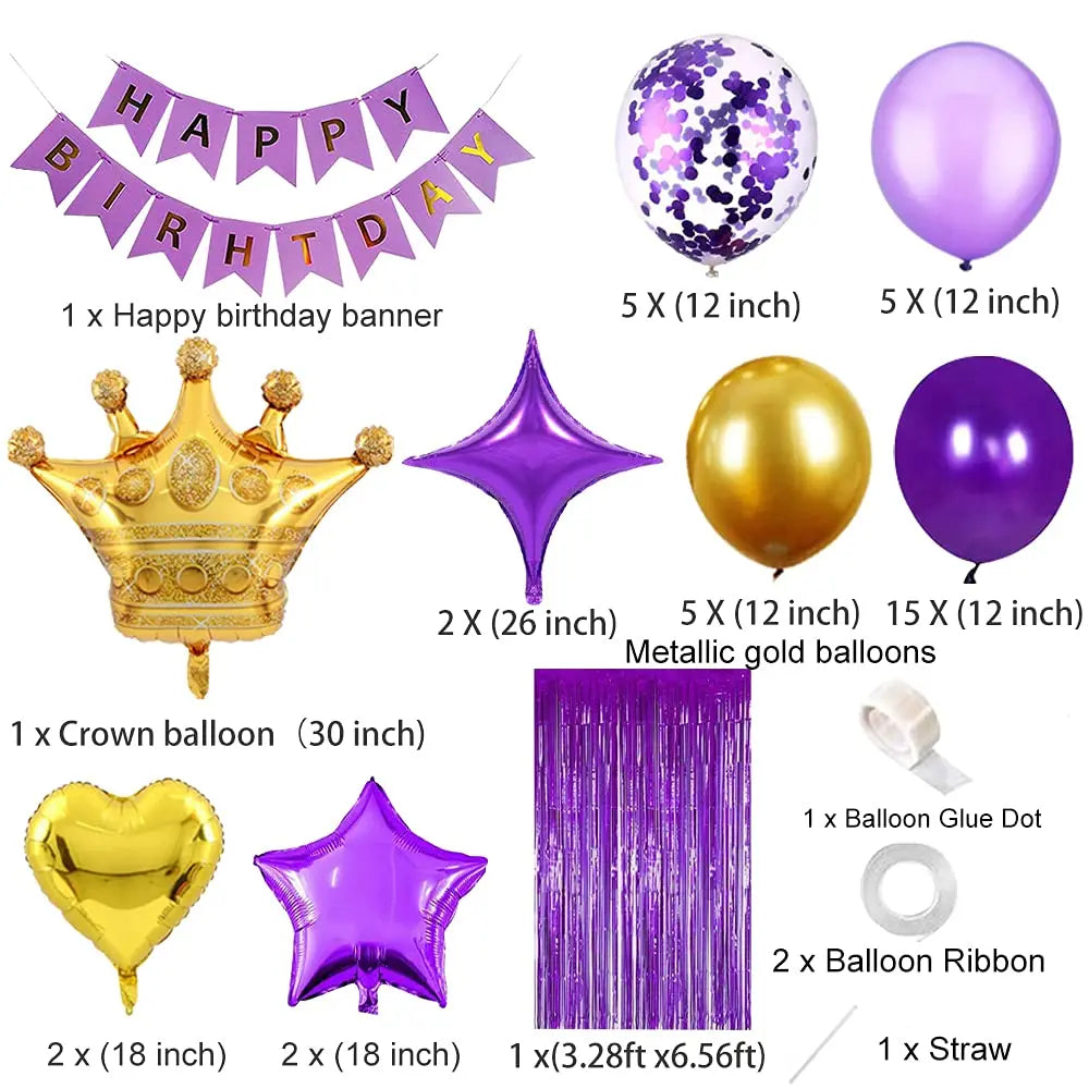 Purple Gold Birthday Decoration Supplies Rain Curtain Crown Star Heart Foil Balloons Birthday Banner Decoration Set