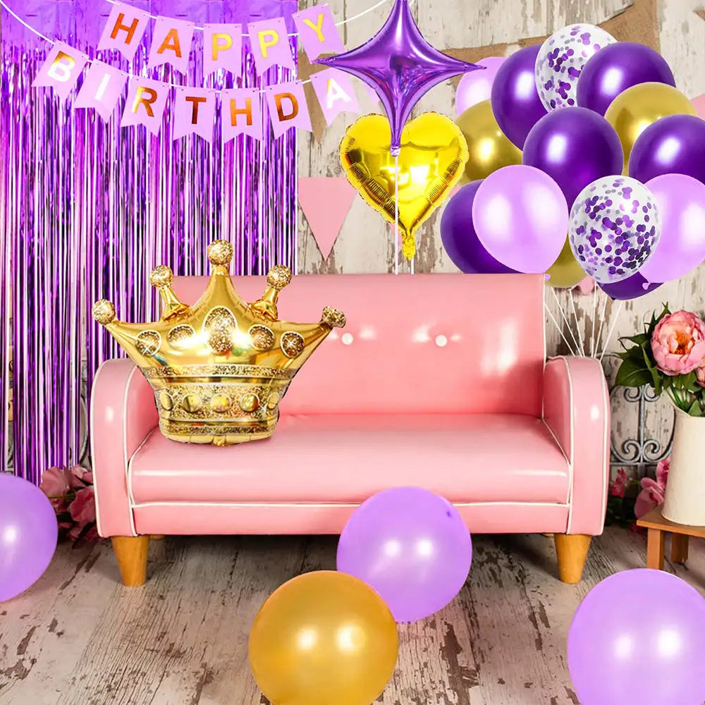 Purple Gold Birthday Decoration Supplies Rain Curtain Crown Star Heart Foil Balloons Birthday Banner Decoration Set