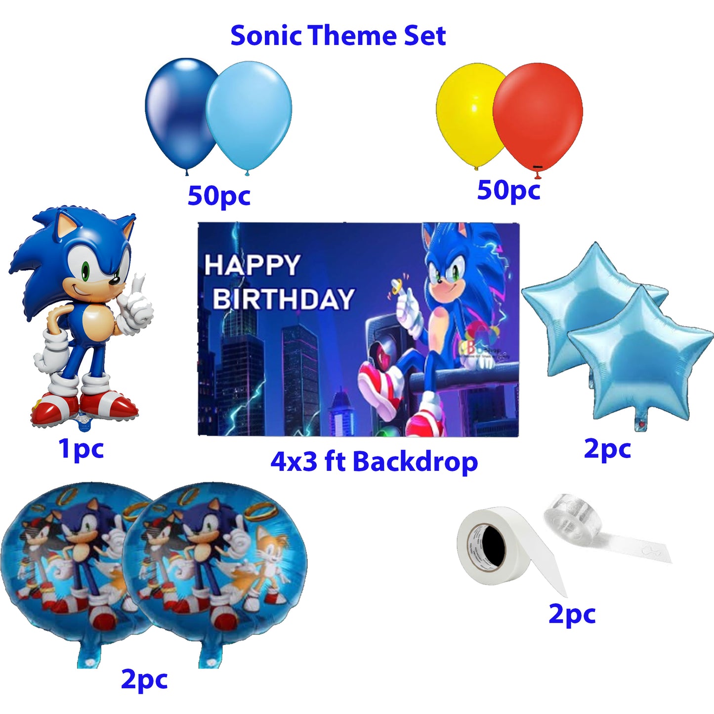 Sonic Theme Birthday & Party Decorations, Full Set of Balloons & Items