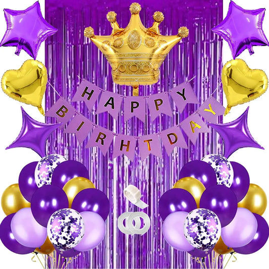 Purple Gold Birthday Decoration Supplies Rain Curtain Crown Star Heart Foil Balloons Birthday Banner Decoration Set
