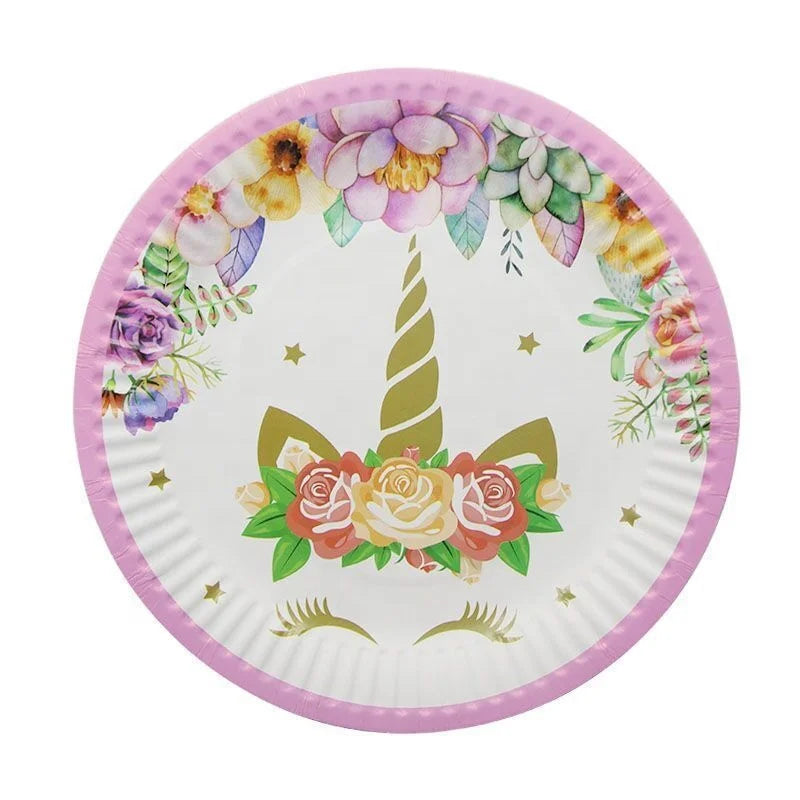 Cartoon Unicorn Theme Party Tableware 7-9 Inches Disposable Paper Plate 10pcs Per Pack for Children's Cake Decorating Supplies
