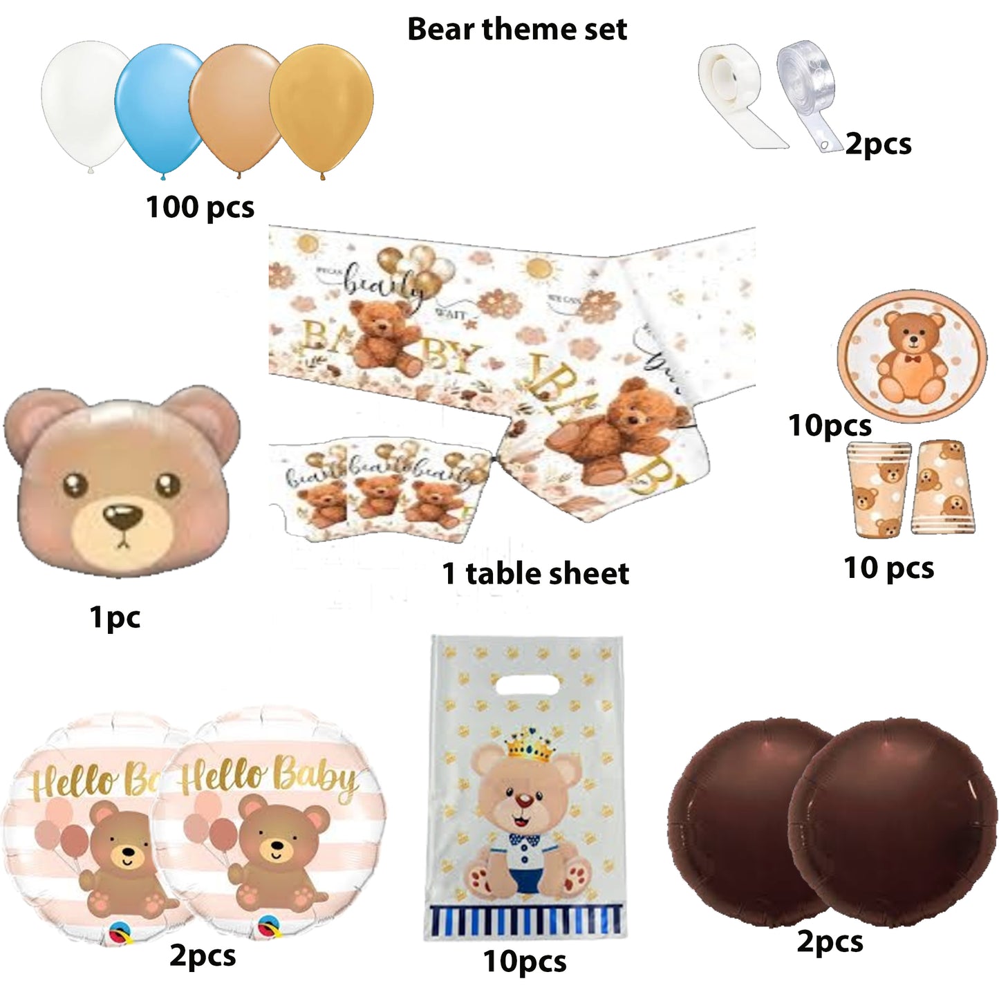 Brown Bear Theme Birthday & Party Decorations, Full Set of Balloons & Items