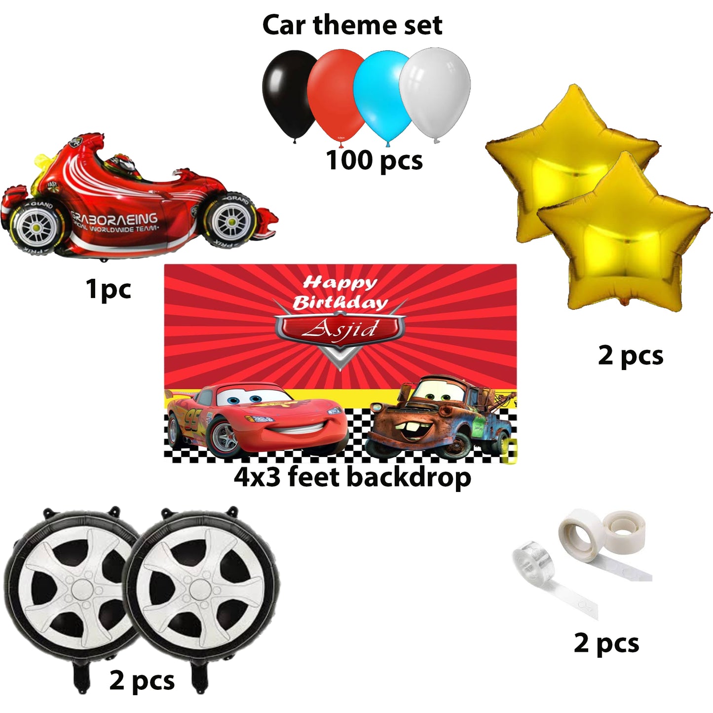 Car Theme Birthday & Party Decorations, Full Set of Balloons & Items